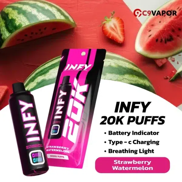 พอต INFY 20K Puffs กลิ่นสตรอว์เบอร์รี่แตงโม หวานฉ่ำ สดชื่น กลิ่นผลไม้คู่